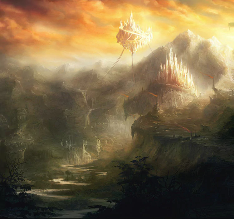 Artistic fantasy scene: misty valley and winding river below jagged mountains crowned by glowing spire-cities, one floating fortress hovering beneath a fiery golden sky.