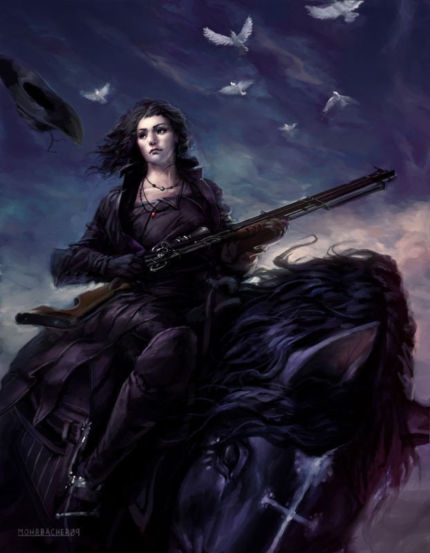 A fantasy woman with dark hair rides a black horse at dusk, holding a long rifle, with white birds flying in the cloudy sky above.