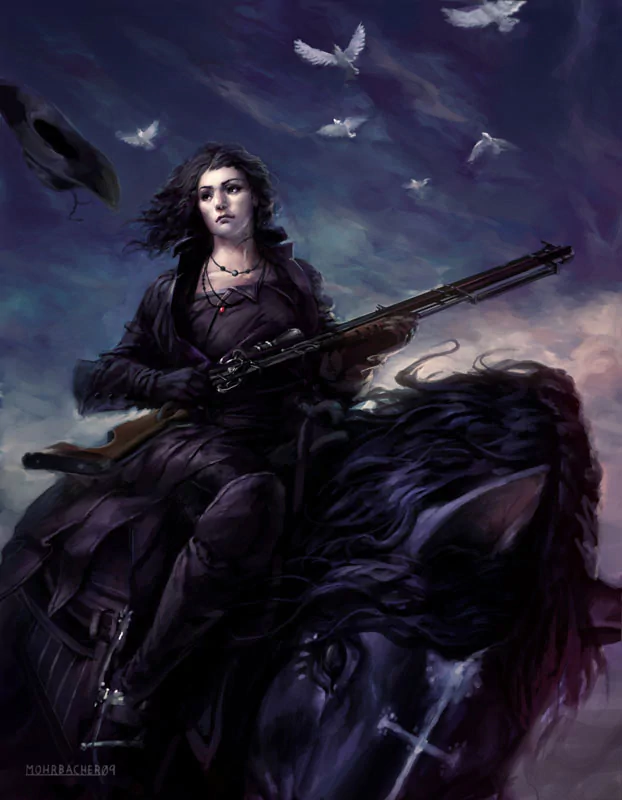 A fantasy woman with dark hair rides a black horse at dusk, holding a long rifle, with white birds flying in the cloudy sky above.