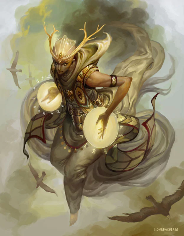 Fantasy artistic depiction of an antler-crowned shaman floating in swirling robes, striking glowing rune-inscribed drums while birds circle beneath.