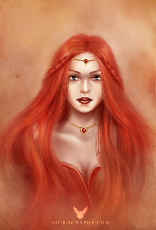 A close-up portrait of a woman with long red hair, adorned with jewelry, set against a warm, muted background, showcasing a blend of beauty and elegance. Photography captures her striking features.