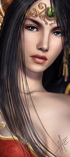 Close-up fantasy portrait of a woman with long dark hair, adorned with an intricate gold headpiece featuring a green gem. She has soft, expressive blue eyes and natural makeup.