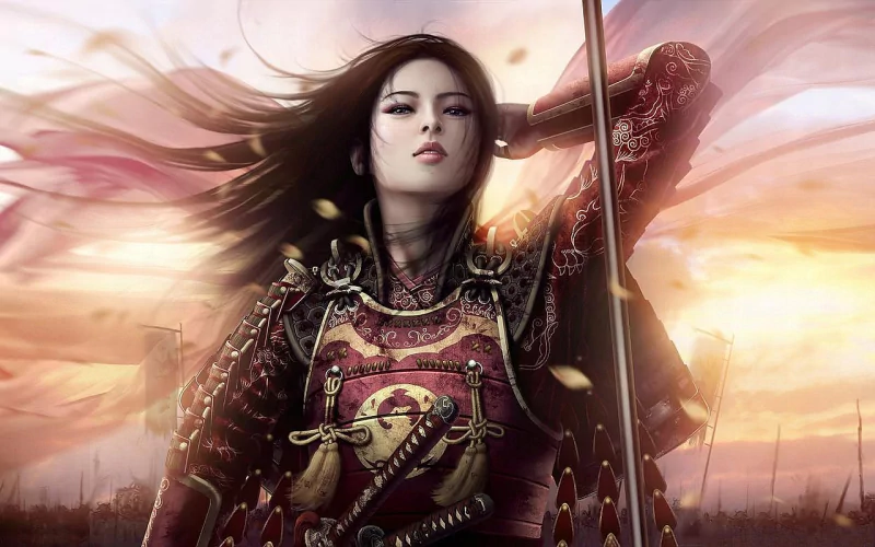 A fierce female samurai stands resolutely in ornate armor, embodying the spirit of fantasy from the Legend of the Five Rings, with a dramatic sunset backdrop and flowing banners.