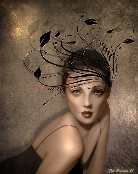 A fantasy-inspired portrait of a woman, featuring intricate black designs swirling above her head, set against a textured, earthy background that enhances her ethereal beauty.