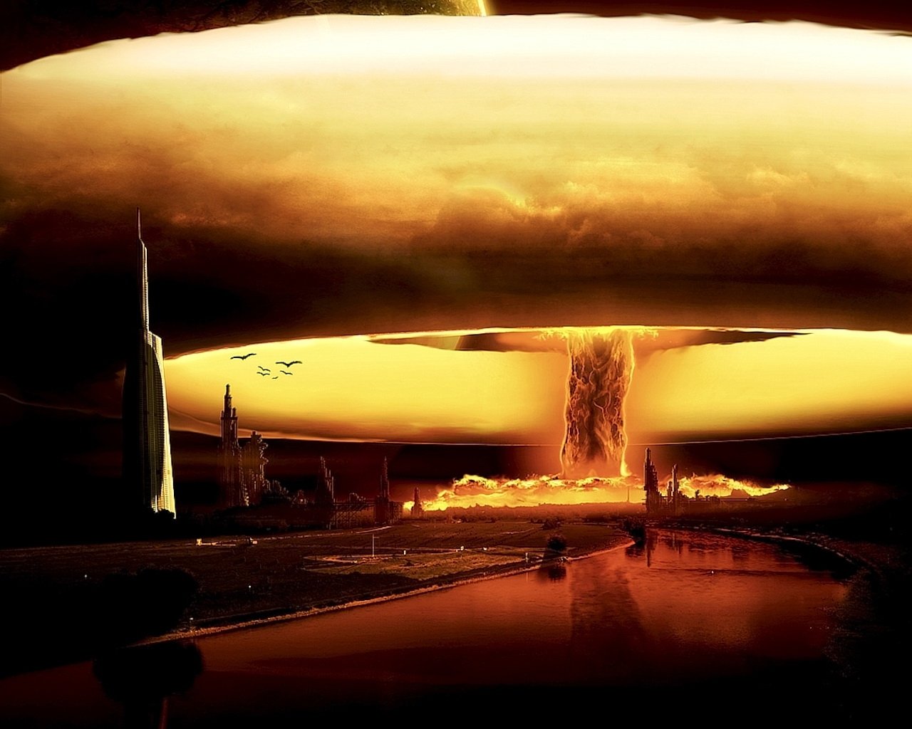 Massive military explosion sends a towering mushroom cloud over a dark cityscape, fiery shockwave and burning reflections rippling across the water.