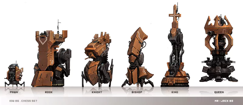 A futuristic chess set features intricately designed robot pieces, including a king, rook, knight, bishop, and queen, showcasing a unique blend of sci-fi and man-made elements.