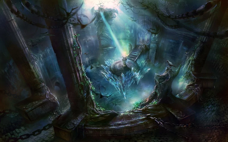 A mysterious, artistic fantasy scene featuring a glowing orb emitting light beams over an ancient, submerged ruin shrouded in darkness and ethereal blue-green hues.