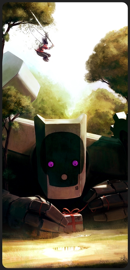 A girl swings from a tree above a large robot holding a gift in a vibrant forest, blending elements of sci-fi and whimsy in a magical setting.