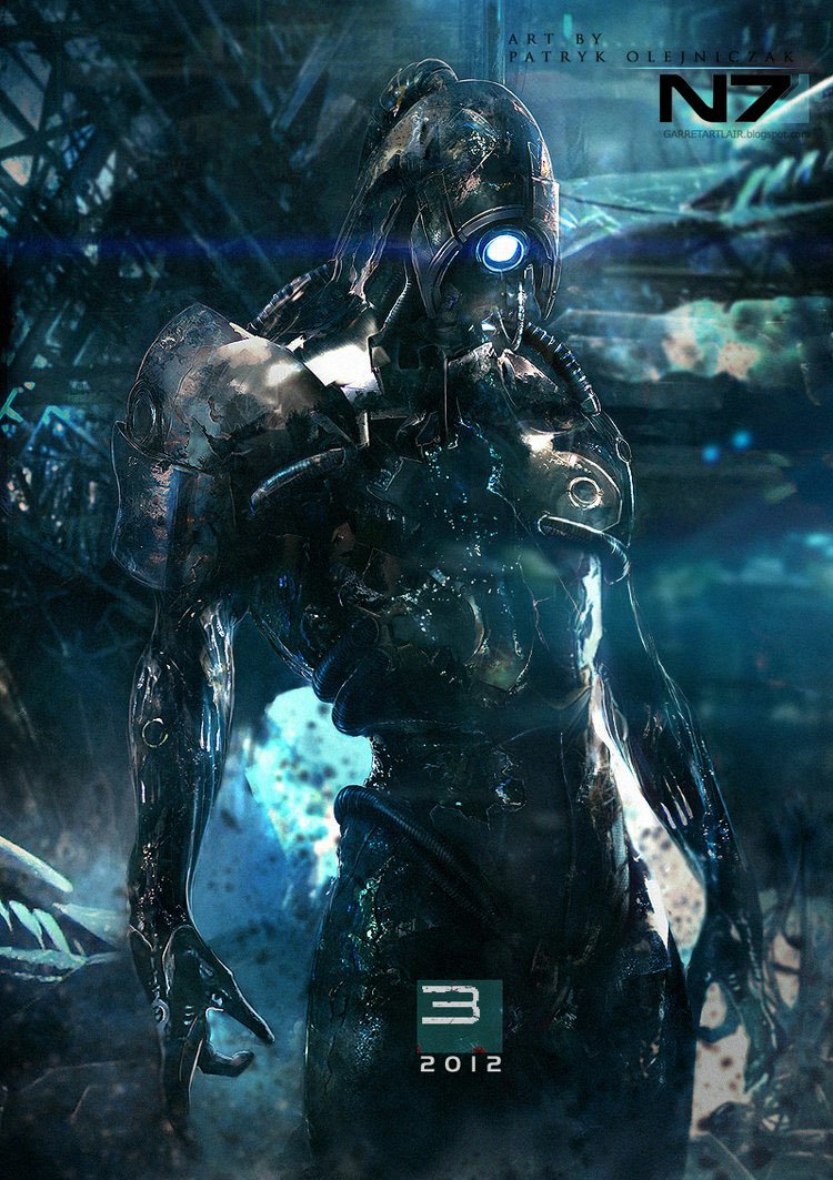 A dark, futuristic robotic figure with a glowing blue eye stands in a sci-fi environment, featured in fan art for the video game Mass Effect 3, marked with the N7 emblem.