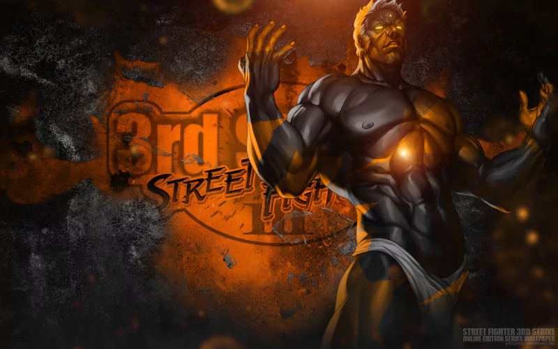 Dark, muscular character striking a powerful pose with glowing eyes and hands, set against a fiery background featuring the Street Fighter 3rd Strike logo.