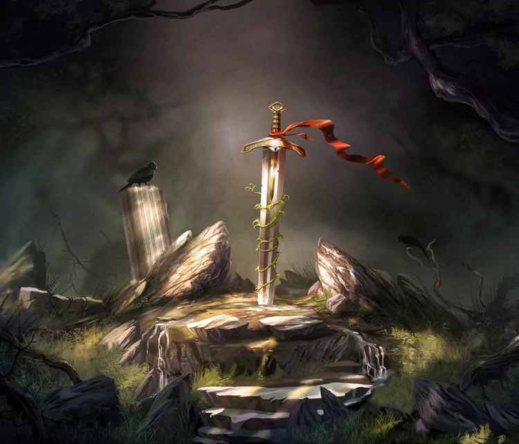 A glowing sword embedded in stone at a mossy clearing, surrounded by ancient ruins and a crow, depicted in a dark, atmospheric fantasy artistic style.