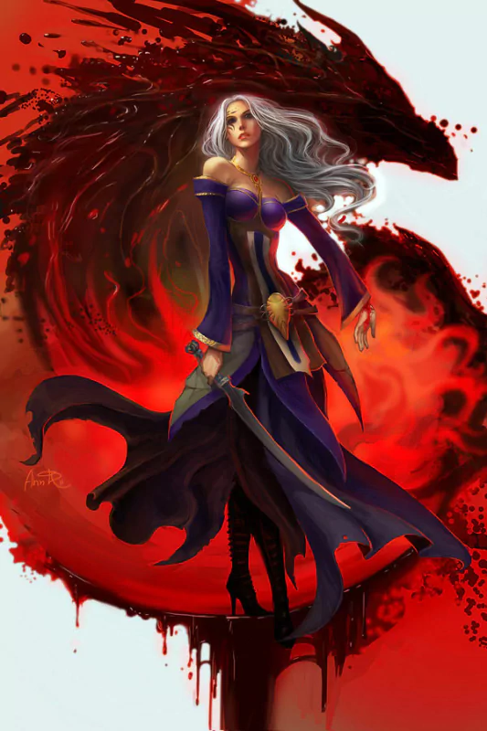 A fantasy woman warrior with flowing silver hair, dressed in dark armor, wielding a sword, stands confidently against a fiery red dragon-shaped backdrop.