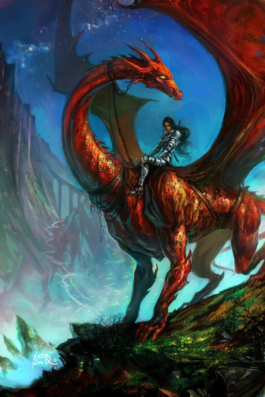 A fantasy scene featuring a woman warrior clad in armor, confidently riding a large red dragon against a dramatic, colorful sky.
