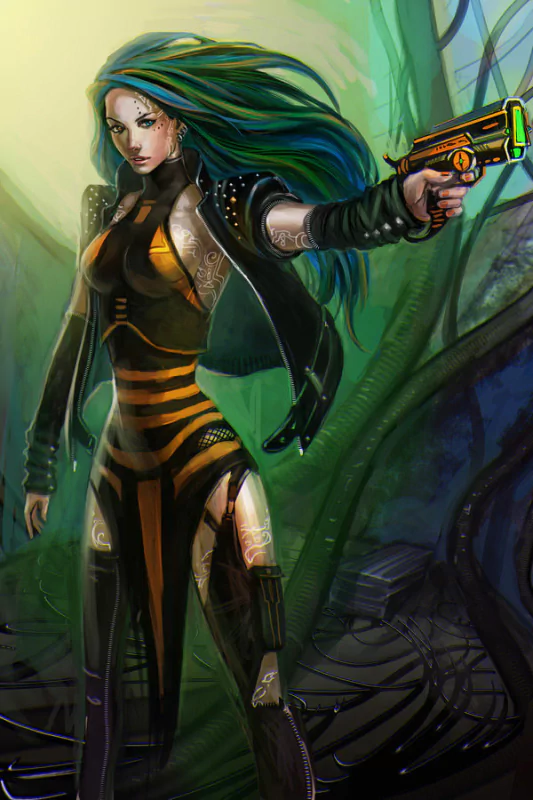 Fantasy woman warrior with teal hair and glowing tattoos aims a futuristic pistol, wearing black-and-gold armor in a tangled, bioluminescent forest.