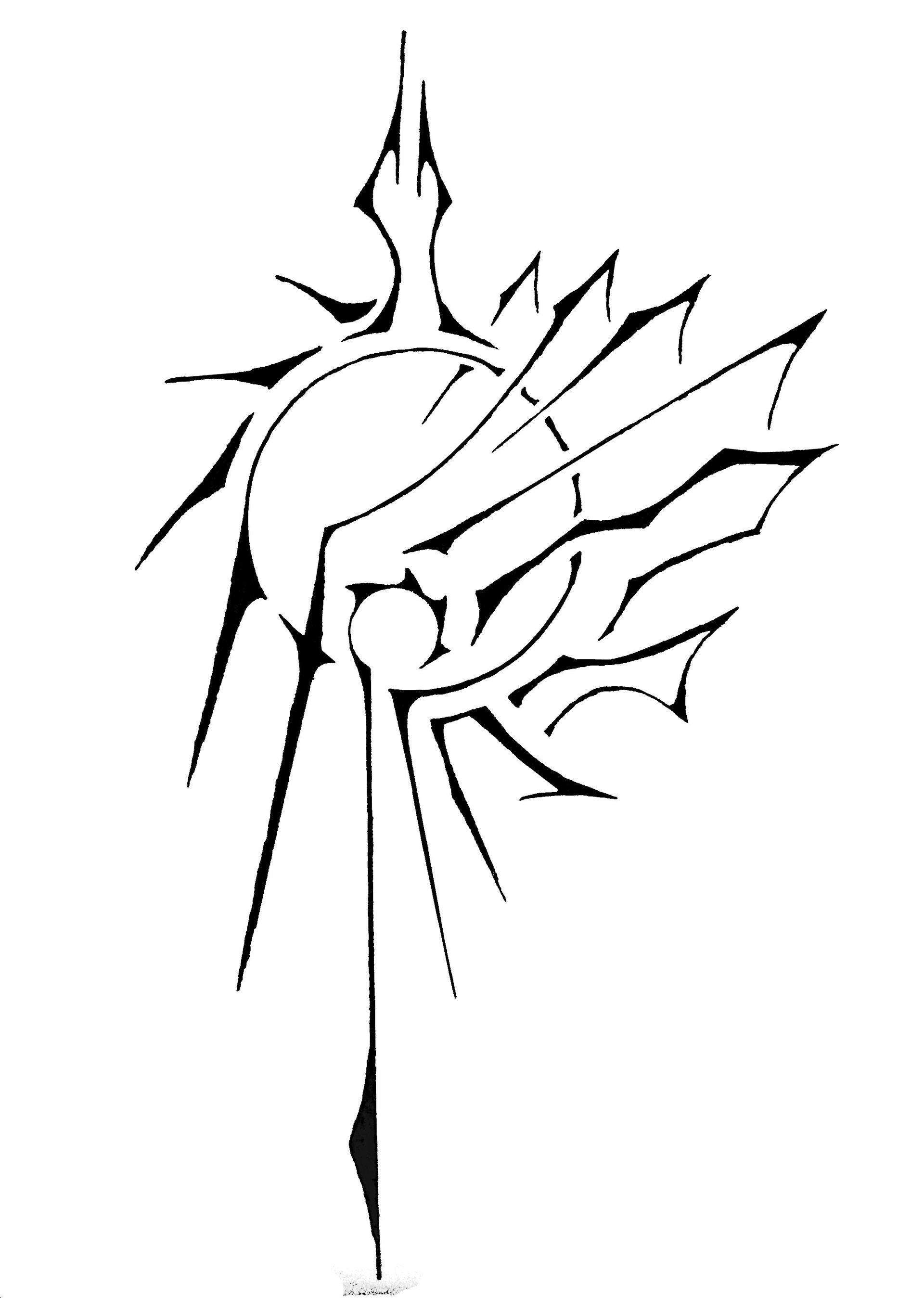 Abstract black shapes and lines converge into a sharp, symmetrical design with a central circular element and radiating pointed extensions on a white background.