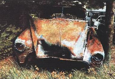 Rusty, damaged vehicle wreck sits partially hidden in overgrown grass beside another aged car.
