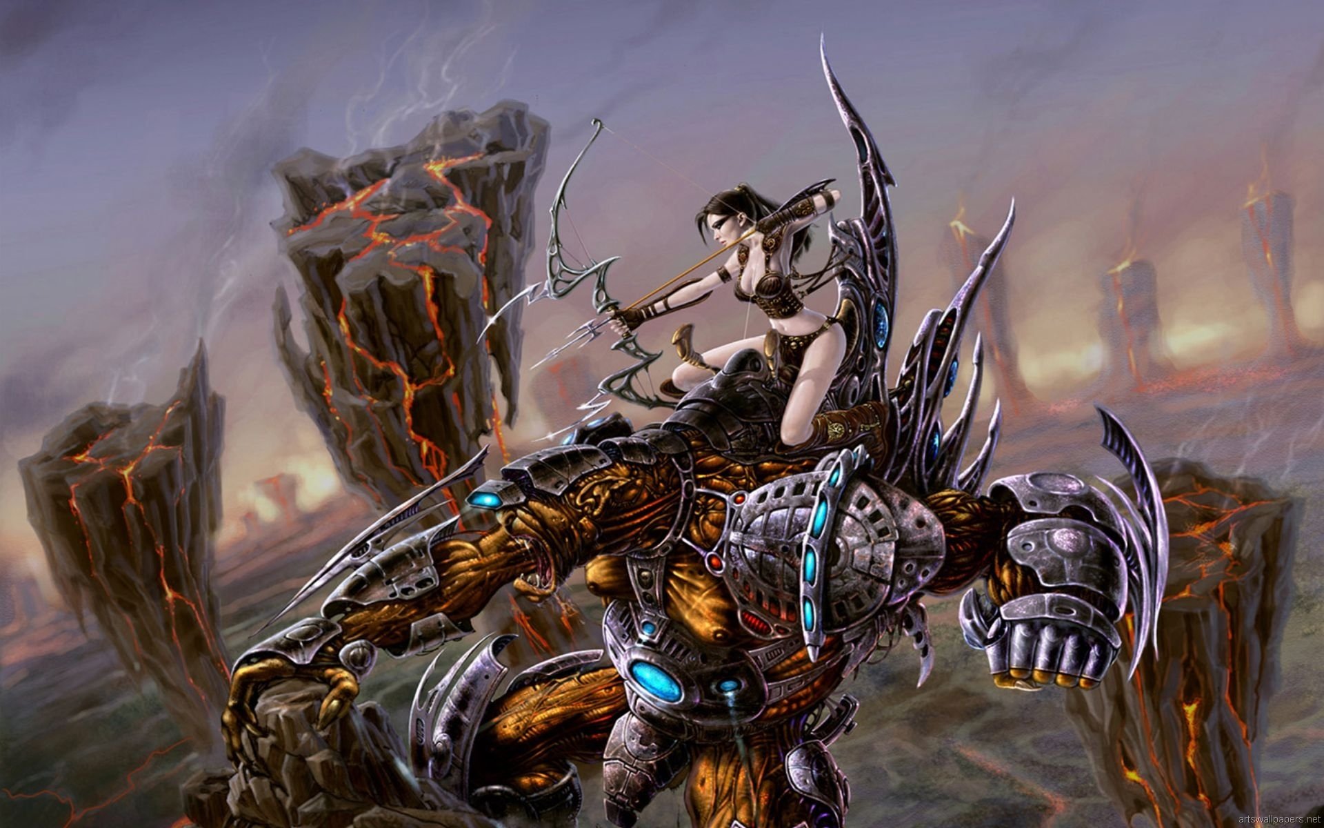 A fantasy scene featuring a fierce woman warrior poised with a bow atop a massive, armored robotic creature amidst a smoky, volcanic landscape.