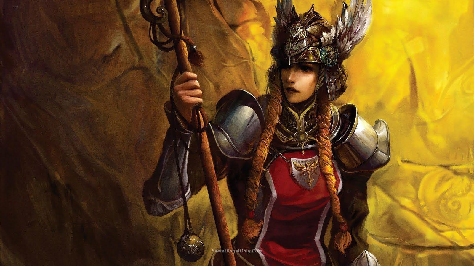 A fantasy woman warrior stands in armor and a feathered helmet, holding a staff against a glowing, mystical background.