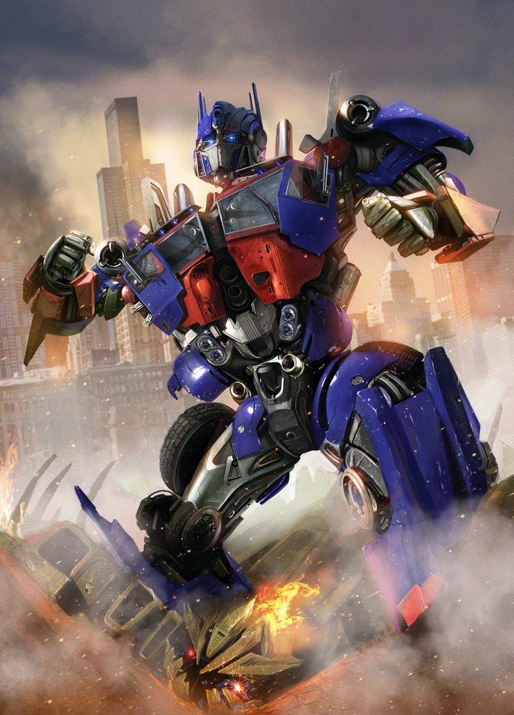 A dynamic illustration of Optimus Prime from the Transformers movie, poised in a cityscape filled with smoke and fiery debris.