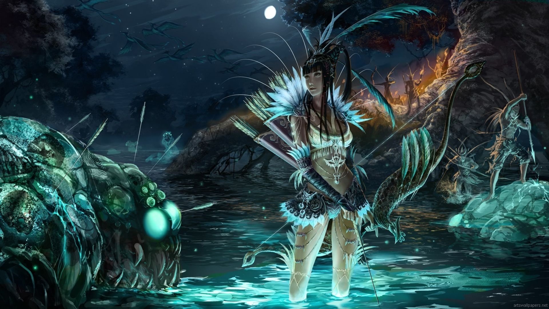 A fantasy woman warrior stands in a mystical swamp at night, surrounded by glowing creatures and eerie, otherworldly vegetation under a full moon.