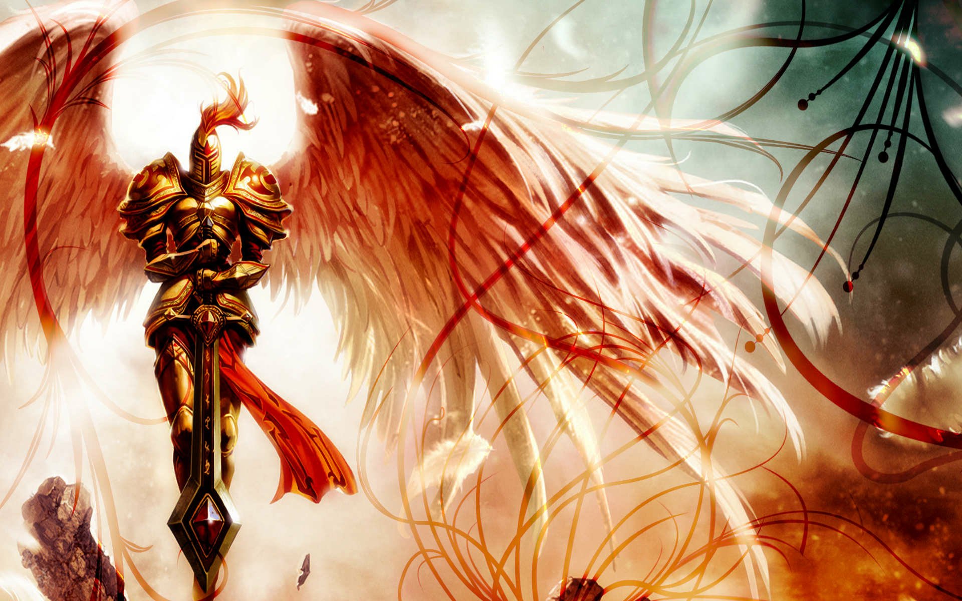 A fantasy warrior — a winged armored fighter in ornate golden plate — hovers with a glowing sword, crimson wings unfurled amid swirling light, feathers and embers.