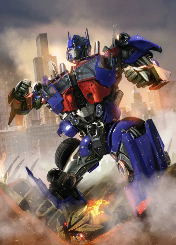 A dynamic illustration of Optimus Prime from the Transformers movie, poised in a cityscape filled with smoke and fiery debris.