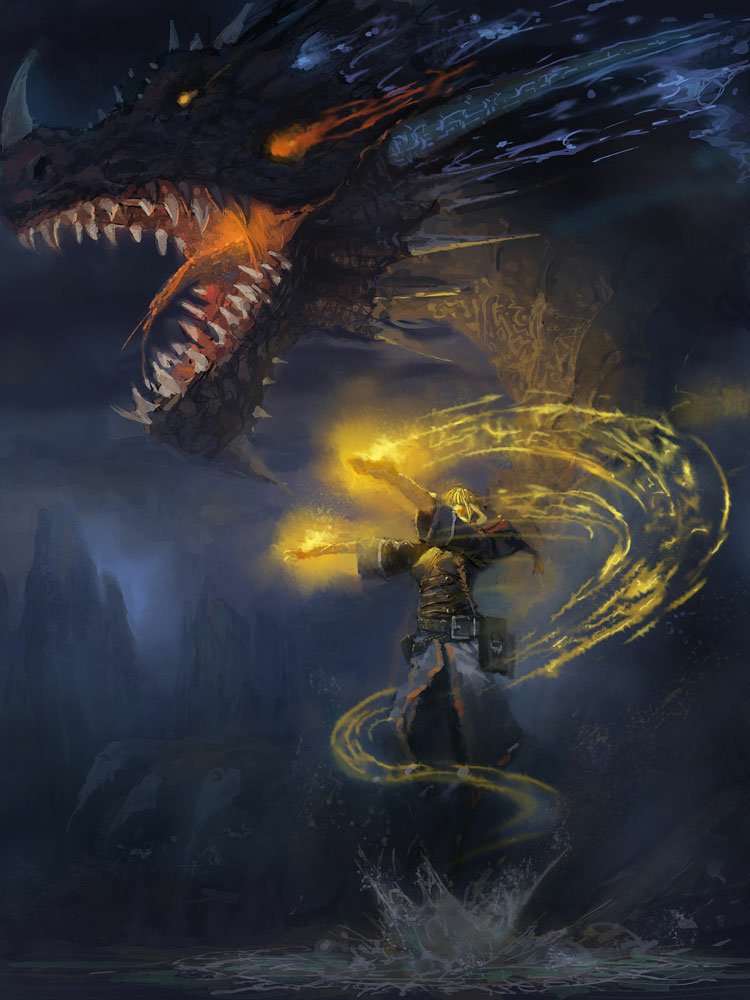 Artistic fantasy: a robed mage summons golden, swirling magic from a splash as a colossal shadow dragon with fiery eyes and gaping jaws looms over dark peaks.