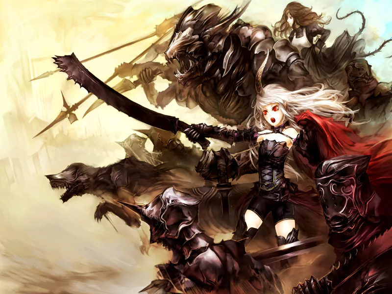 A fierce warrior with white hair wields a sword, leading a dark army of armored figures and monstrous beasts in this dynamic anime scene inspired by Pixiv Fantasia.