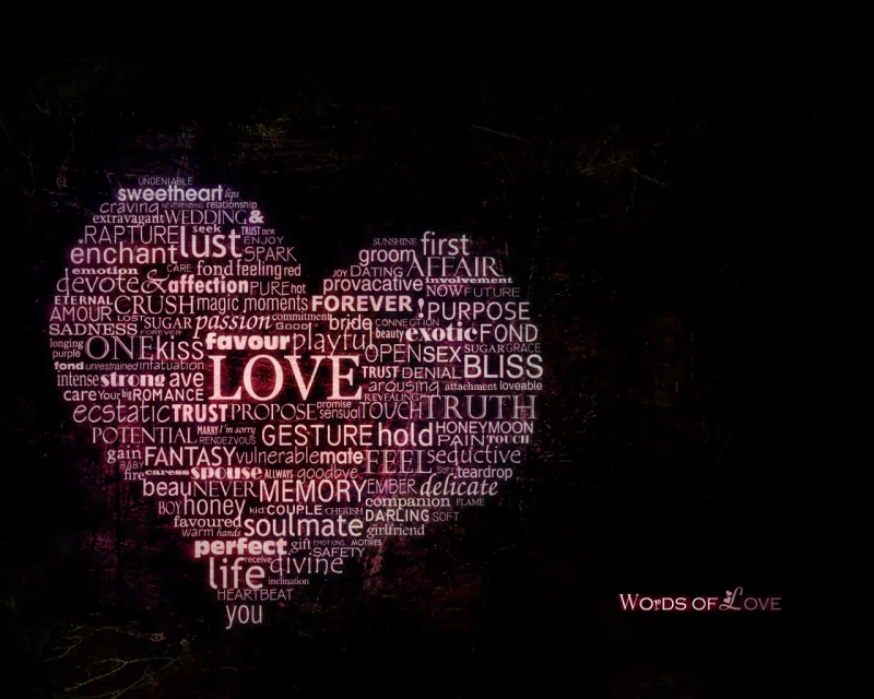 A heart-shaped arrangement of words expresses various aspects of love, surrounded by artistic designs. Themes include companionship, passion, and bliss, evoking a sense of connection and joy.