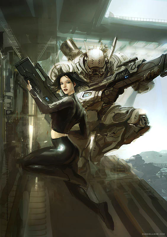 Sci-fi warrior duo: a woman in a black suit and a towering armored mech brandish weapons amid an industrial futuristic cityscape.