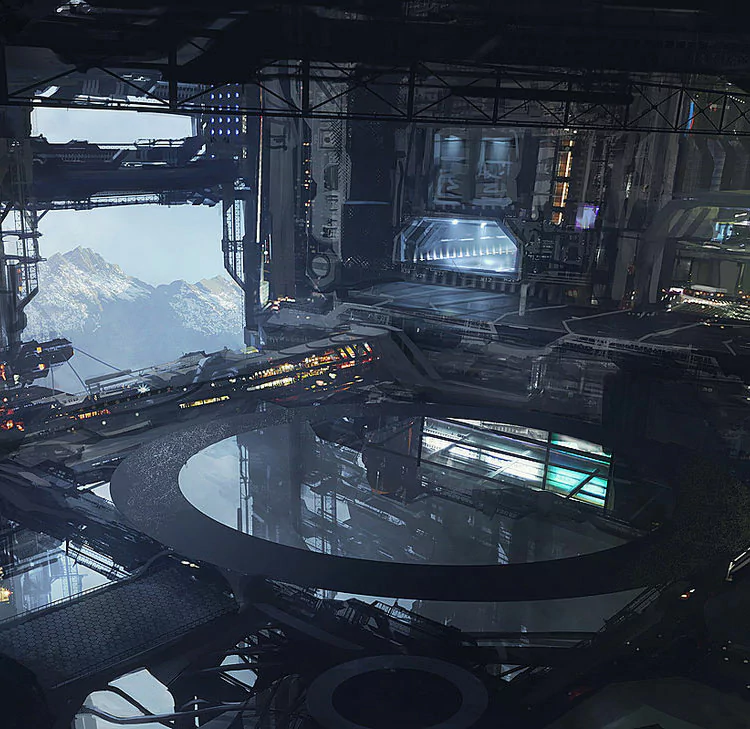 Artistic sci-fi scene: a vast spaceport hangar with layered catwalks, a central circular platform above reflective pools, glowing panels and a distant mountain vista through the open bay.