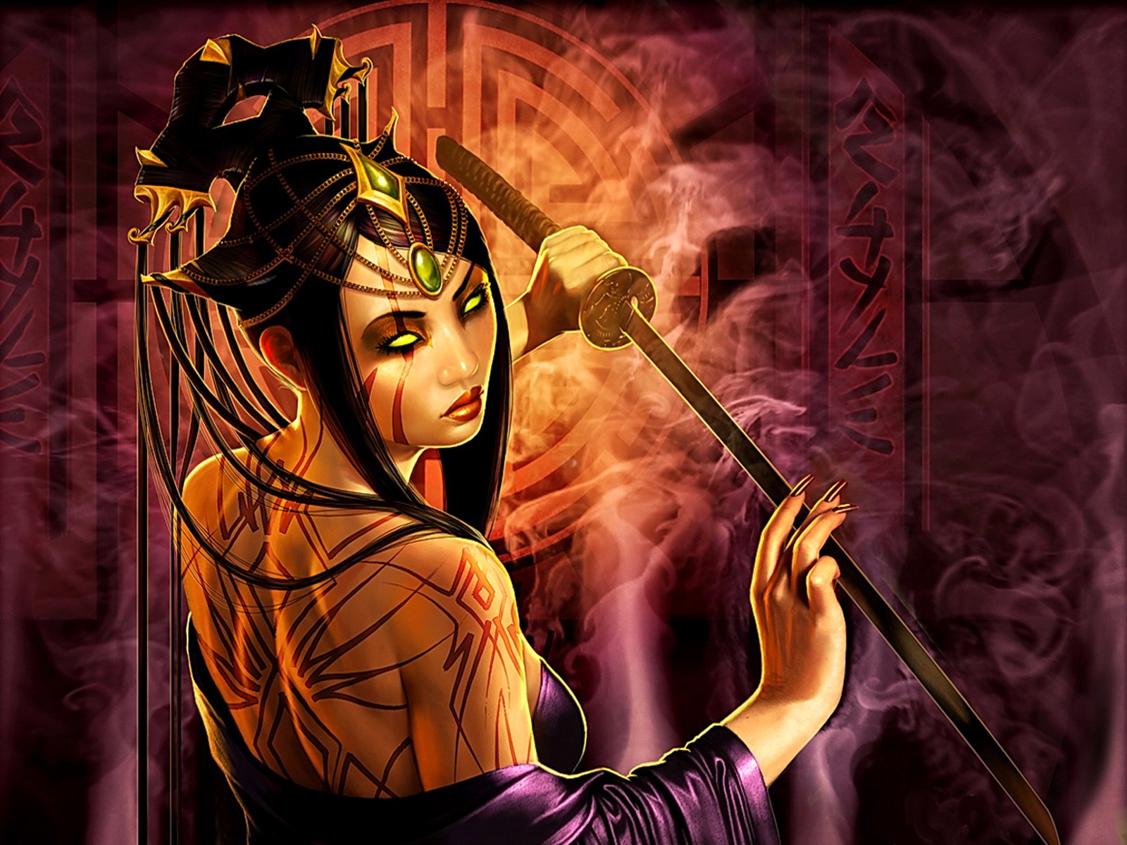 Fantasy-themed woman warrior with intricate tattoos, dark armor, and a staff, set against a mystical, smoky background with glowing symbols.