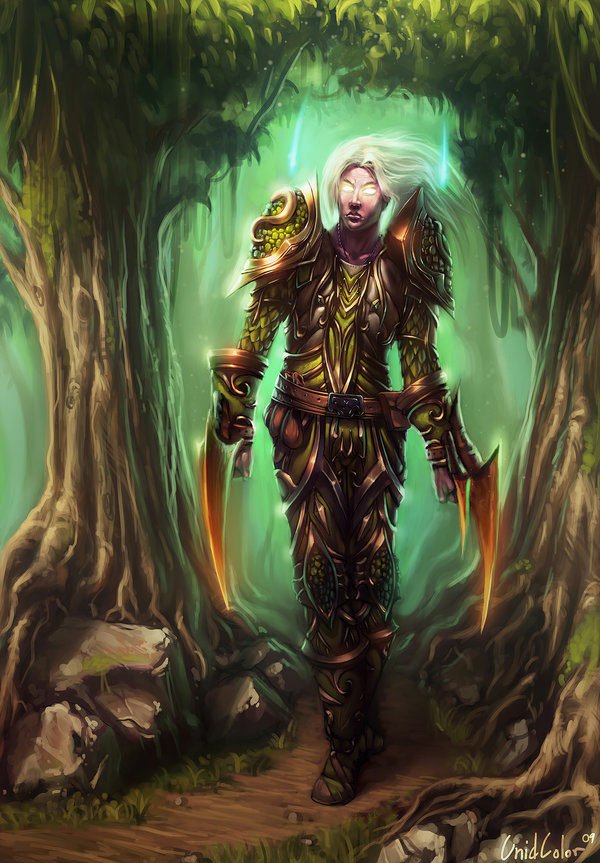 Fantasy elf with white hair and glowing eyes, clad in ornate green-gold armor, wielding twin curved blades as they step through a luminous forest archway.