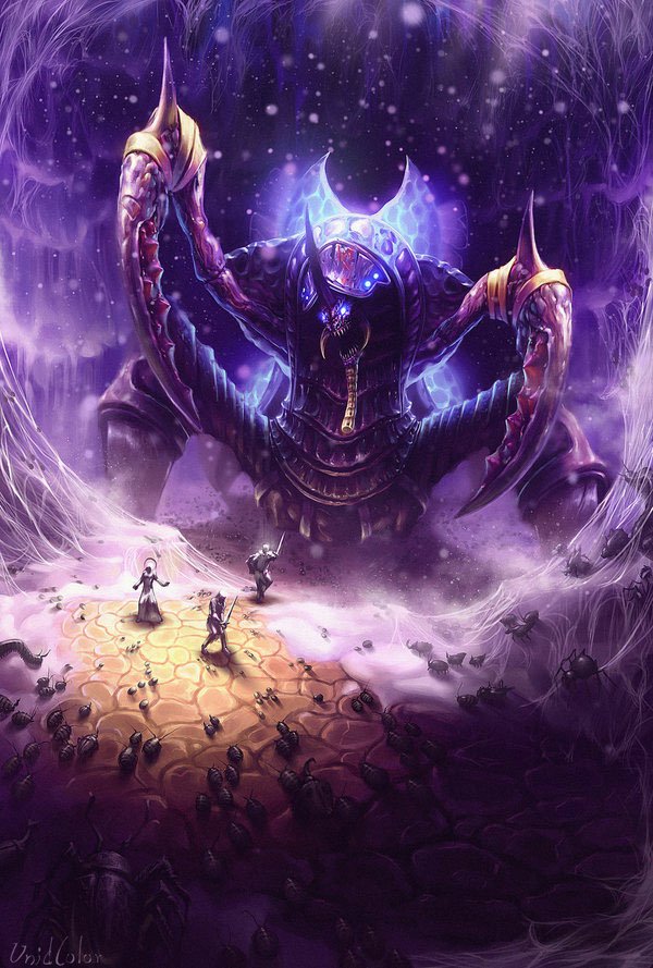 Towering armored, spider-like fantasy creature with a glowing crown and clawed limbs looms from purple webs as three tiny figures confront it on a cracked, glowing platform amid swarming minions.