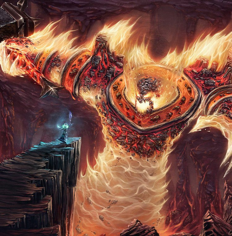 A towering fantasy demon of molten armor and roaring flames rises from lava while a lone mage on a cliff readies a glowing spell.