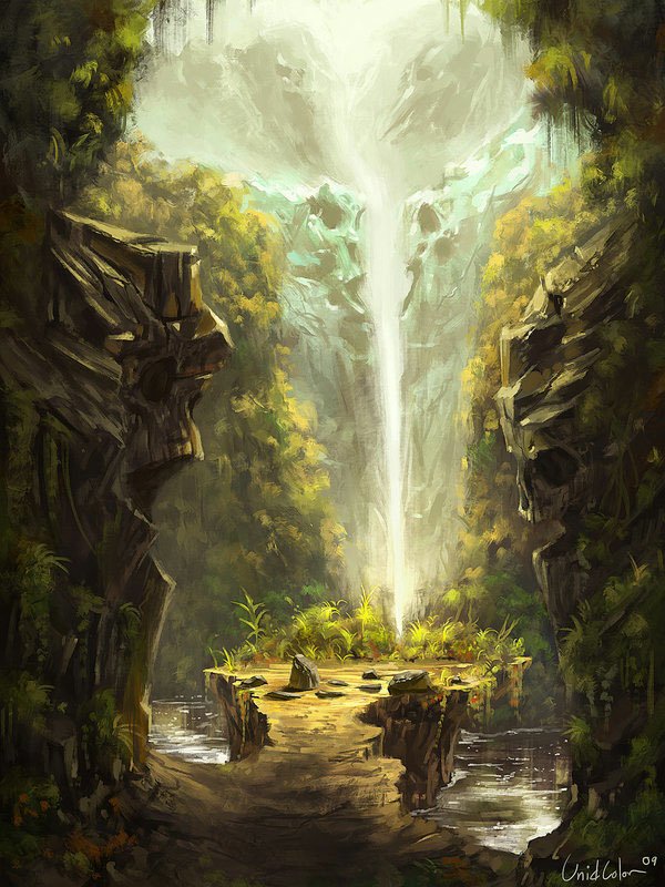 Artistic fantasy: a luminous waterfall cascades between mossy cliffs onto a sunlit stone platform, surrounded by reflective pools and weathered carved rock faces.