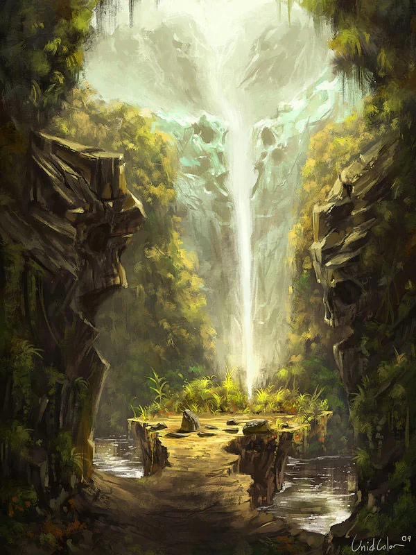 Artistic fantasy: a luminous waterfall cascades between mossy cliffs onto a sunlit stone platform, surrounded by reflective pools and weathered carved rock faces.