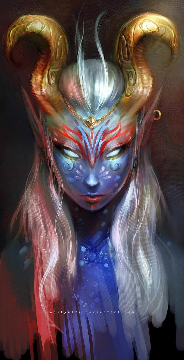 Artistic portrait of a mystical blue-skinned horned woman with glowing eyes, white flowing hair, red ceremonial markings and golden ram-like horns against a dark, smoky background.