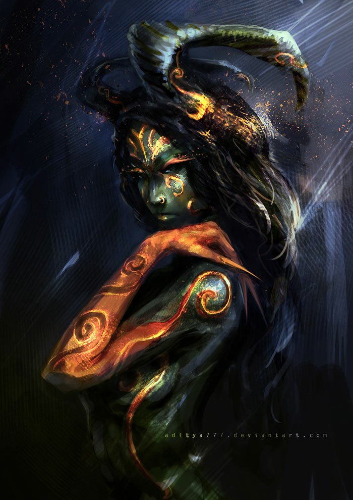 Artistic fantasy portrait of a horned, green-skinned figure with long dark hair and glowing golden swirls across face and arm.
