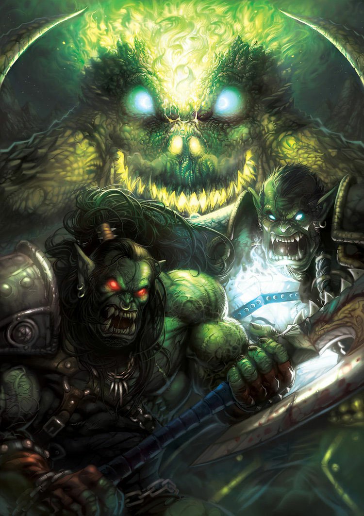 Video game World of Warcraft artwork: two snarling orcs charge with weapons as a massive, glowing green fel skull looms menacingly behind them.