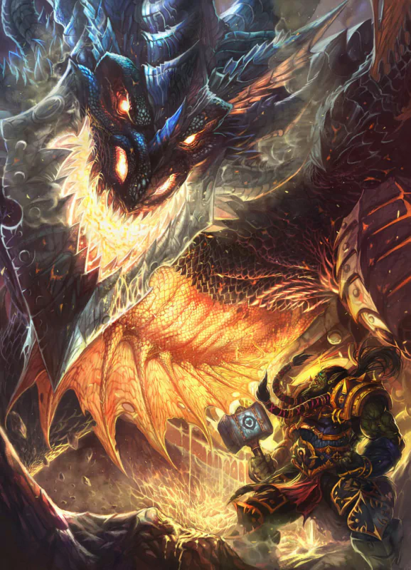 World of Warcraft video game art: an armored warrior with a glowing hammer faces a colossal, fire-breathing dragon amid molten rock and blazing light.
