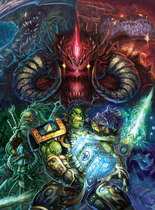 Video game World of Warcraft artwork: armored orc warrior with glowing hammer and companions confront a towering horned demon surrounded by swirling elemental magic.