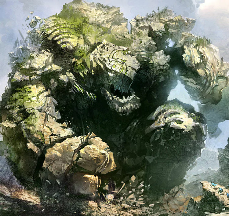 A fantasy giant of living stone and overgrown ruins: a moss-covered colossus crouches amid rocky terrain under a pale sky.