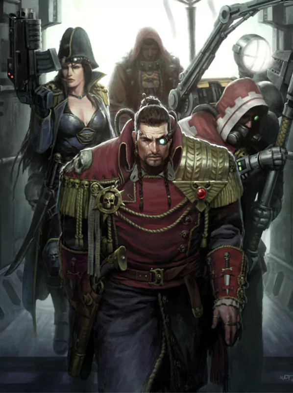 Warhammer sci‑fi warriors: a stern commander with a cybernetic eye leads a hooded tech‑priest, an armored officer and a masked gunner through a grim industrial corridor.