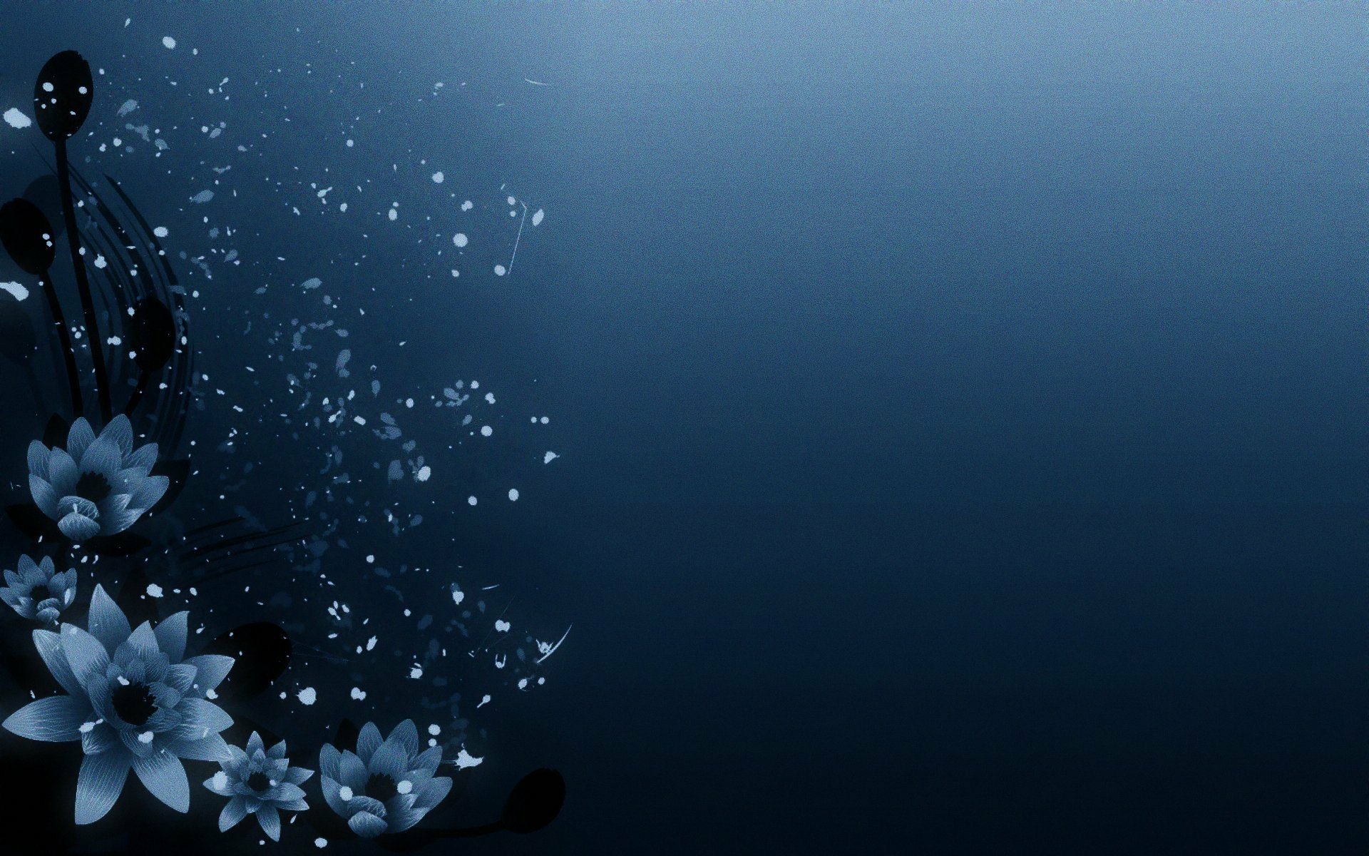 Abstract artistic deep-blue gradient with stylized lotus-like flowers, scattered petals and sparkling particles drifting from the left side.