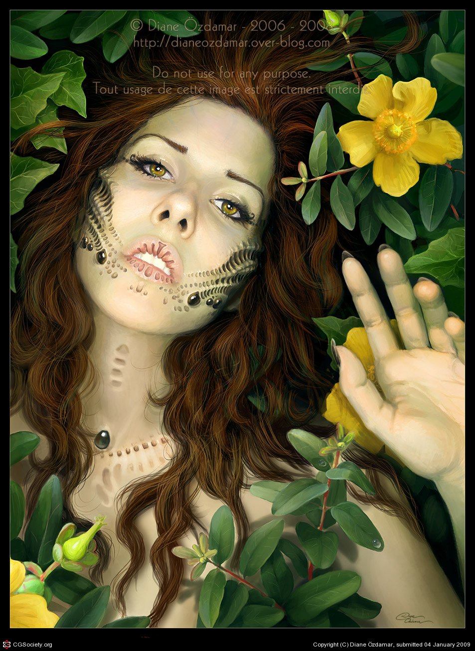 Fantasy woman with long brown hair and golden eyes, bead-like scale markings on her face and neck, reclining among green leaves with a bright yellow flower and a hand raised.