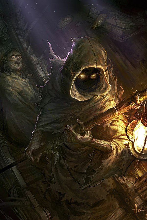 Dark fantasy scene: hooded skeletal figure with glowing eyes clutches a lantern in twisted ruins as a gaunt ghoul watches from shadow.