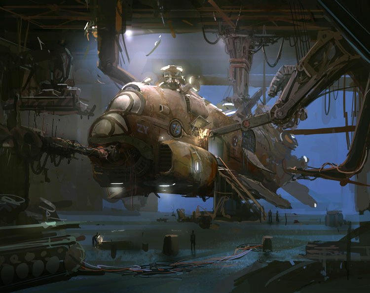 A detailed sci-fi spaceship suspended in a dimly lit hangar, surrounded by mechanical arms and industrial equipment.