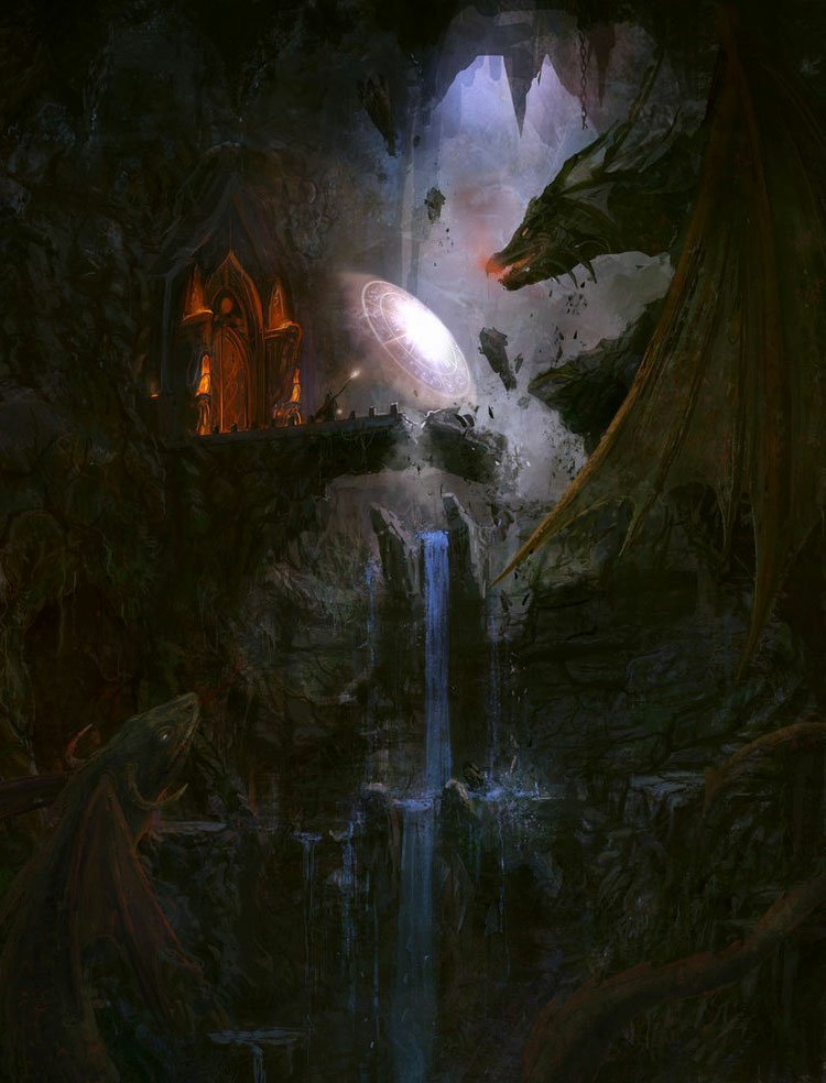 A fantasy scene of a dragon guarding a glowing portal inside a dark cavern with cascading waterfalls and a small group near an ancient, illuminated doorway.