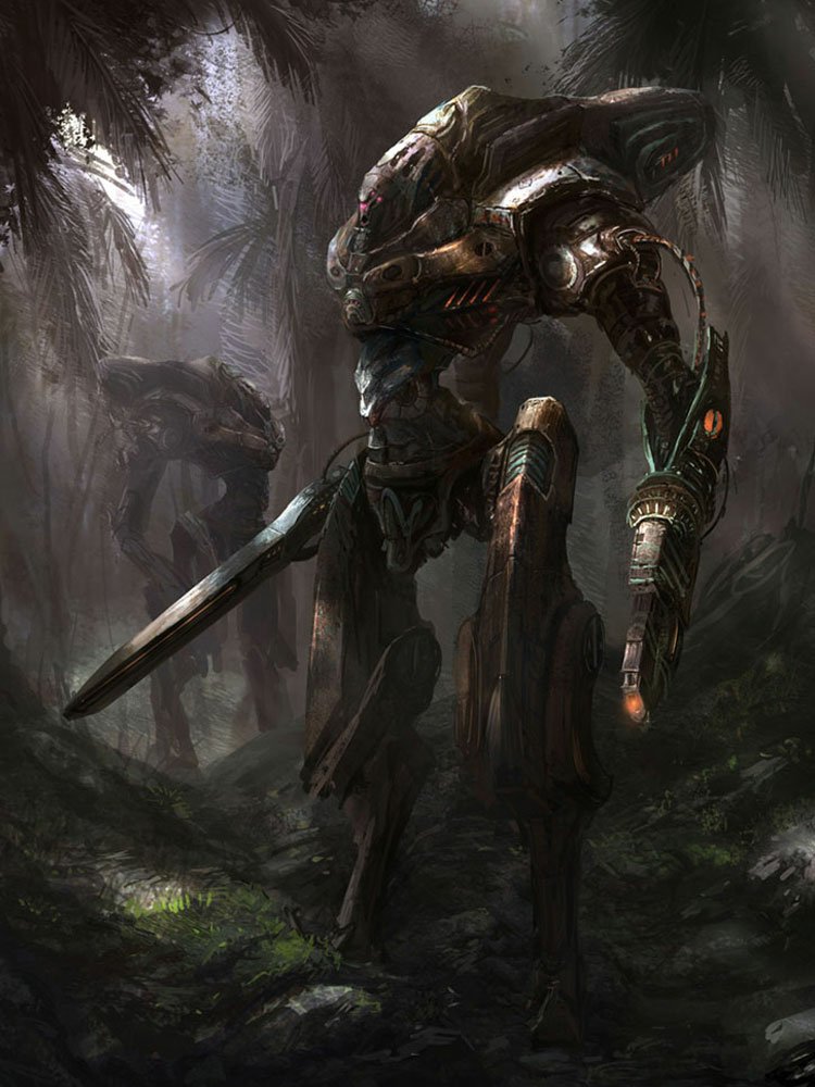 Sci-fi warrior mech prowling a misty jungle, armored exosuit armed with a blade and a glowing arm cannon.